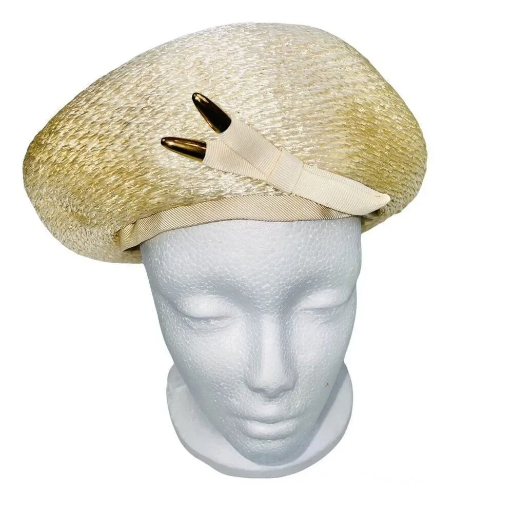 Vintage Favorette Womens Beret Hat Beige Straw Church Dress Up Theatre Party